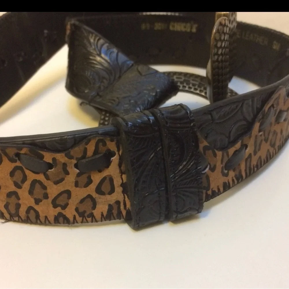 Chico's tooled black leather belt  Leopard Pattern etched brass buckle